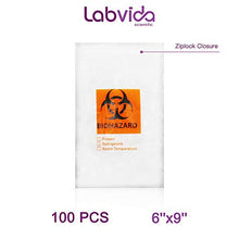 Load image into Gallery viewer, Labvida 100pcs of Specimen Bags, Dim.6x9 inches with Biohazard Logo Printing, Ziplock Closure, LDPE Material 100pcs/bag, LVN001