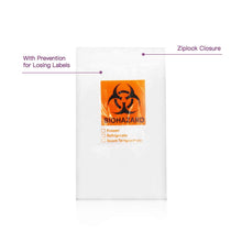 Load image into Gallery viewer, Labvida 100pcs of Specimen Bags, Dim.6x9 inches with Biohazard Logo Printing, Ziplock Closure, with Prevention for Losing Labels, LDPE Material 100pcs/bag, LVN002