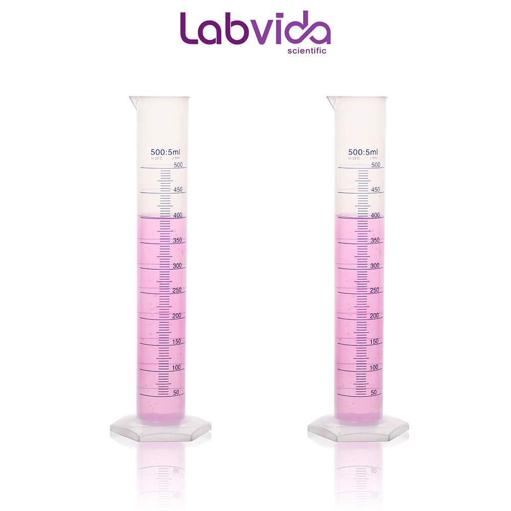 Labvida 2pcs of Plastic Measuring Cylinders, Vol.500ml, PP Material with Blue Printed Graduation, LVF001