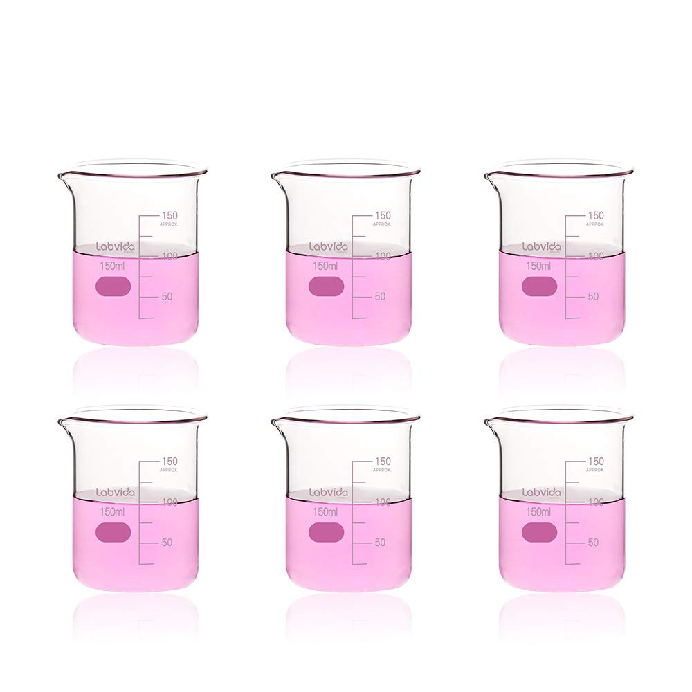 Labvida 6pcs of Griffin Low Form Glass Beakers, Vol.150ml, 3.3 Borosilicate with Printed Graduation, LVA006