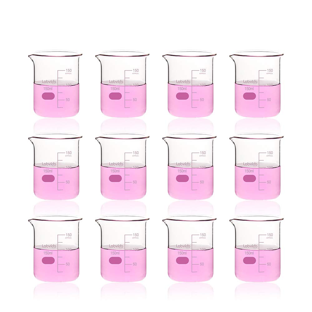 Labvida 12pcs of Griffin Low Form Glass Beakers, Vol.150ml, 3.3 Borosilicate with Printed Graduation, LVA007