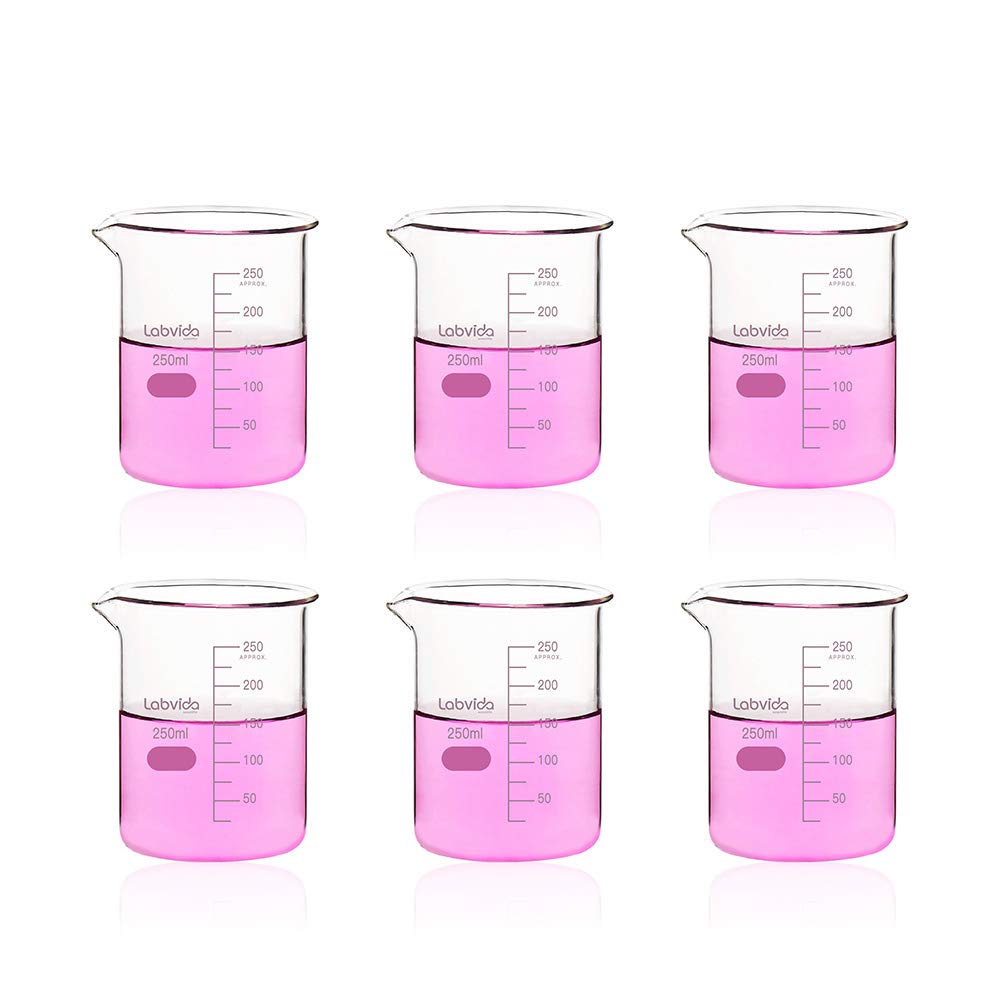 Labvida 6pcs of Griffin Low Form Glass Beakers, Vol.250ml, 3.3 Borosilicate with Printed Graduation, LVA010