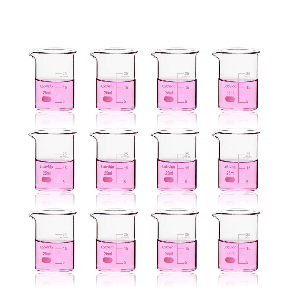 Labvida 12pcs of Glass Beakers Shot Glass, Vol.25ml, 3.3 Borosilicate Griffin Low Form with Printed Graduation, LVA001