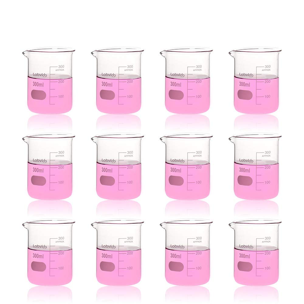 Labvida 12pcs of Low Form Glass Beakers, Vol.300ml, 3.3 Borosilicate with Printed Graduation, LVA011