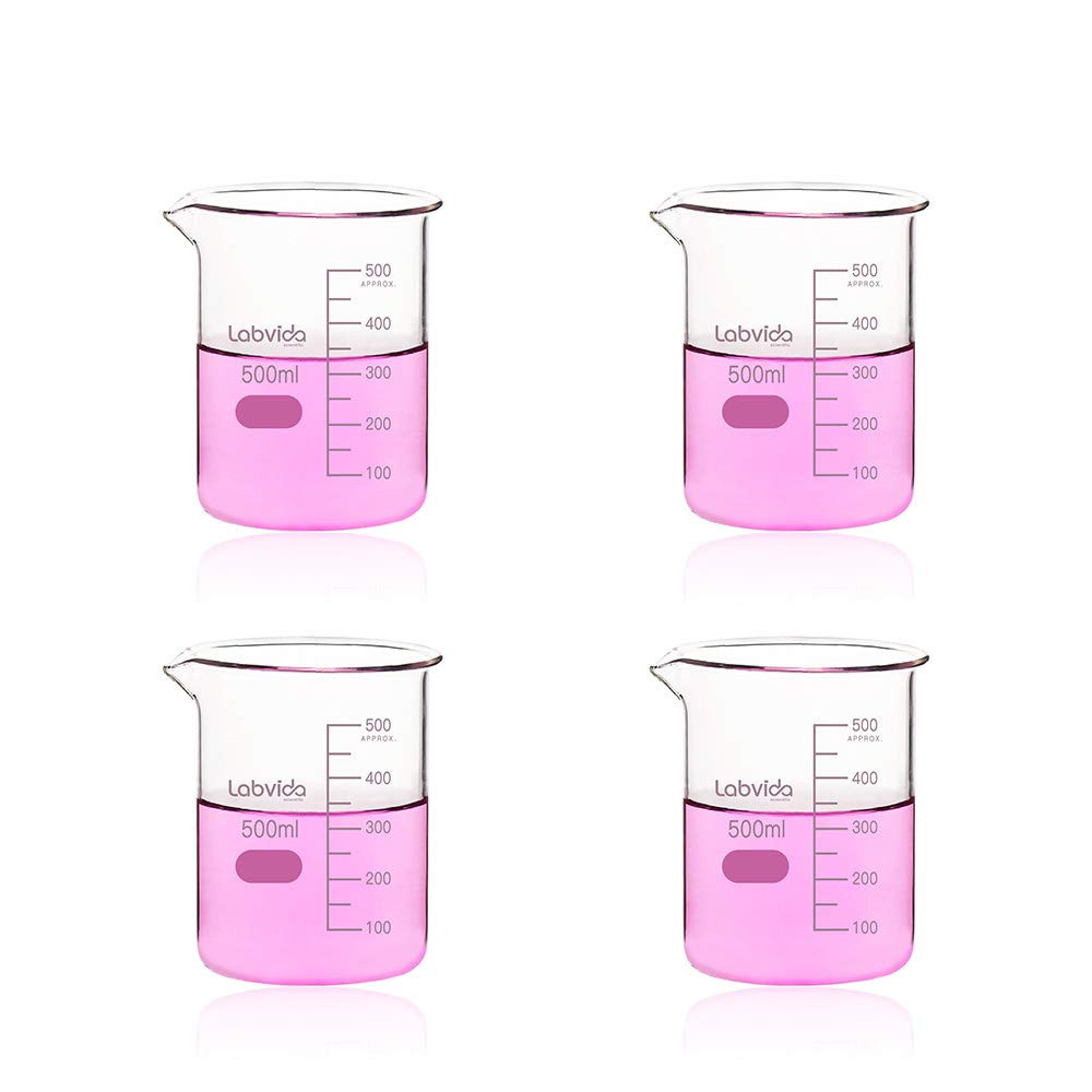Labvida 4pcs of Griffin Low Form Glass Beakers, Vol.500ml, 3.3 Borosilicate with Printed Graduation, LVA012