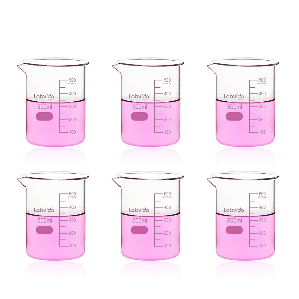 Labvida 6pcs of Low Form Glass Beakers, 3.3 Borosilicate with Printed Graduation, Vol.500ml,LVA013