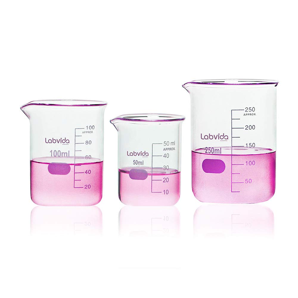 Labvida 3 Size Low Form Glass Beaker Set, 50ml 100ml 250ml, 3.3 Borosilicate with Printed Graduation, LVA017