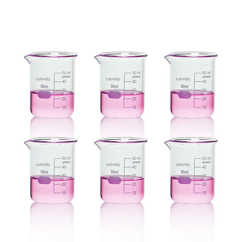 Labvida 6pcs of Glass Beakers Shot Glass, Vol.50ml, 3.3 Borosilicate Griffin Low Form with Printed Graduation, LVA002