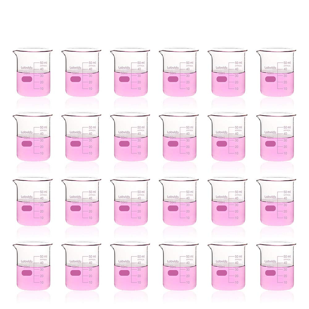 Labvida 24pcs of Glass Beakers Shot Glass, Vol.50ml, 3.3 Borosilicate Griffin Low Form with Printed Graduation, LVA004