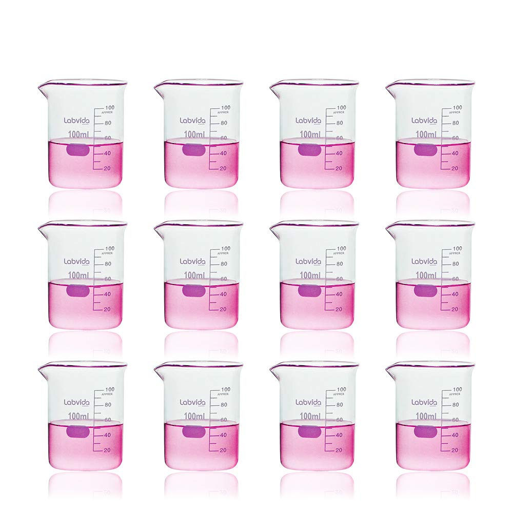 Labvida 12pcs of Griffin Low Form Glass Beakers, Vol.100ml, 3.3 Borosilicate with Printed Graduation, LVA005